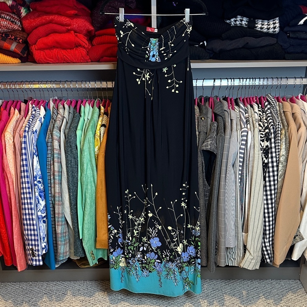 Ruby Rox black/blue floral strapless back tie maxi dress size S